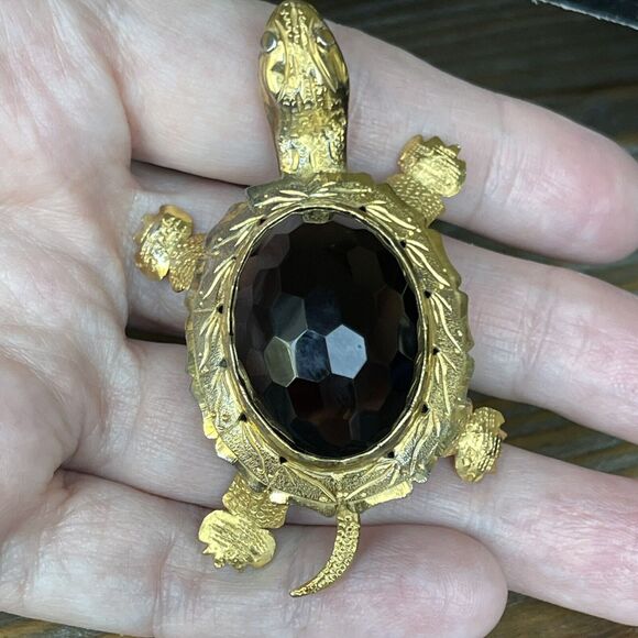VTG Silver Gold Plated Faceted Smokey Quartz Topaz Turtle Brooch Pendant 19grams - Picture 10 of 14